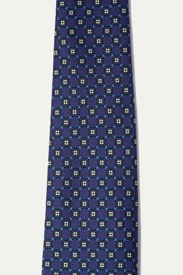 Navy fancy printed silk tie - Made In Italy
