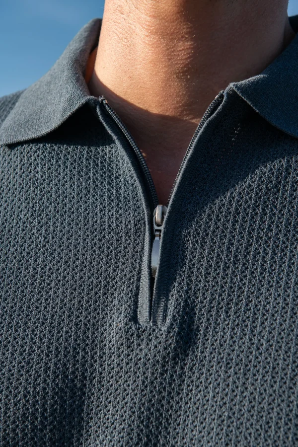 Ocean textured knit polo with zip - Made in Italy