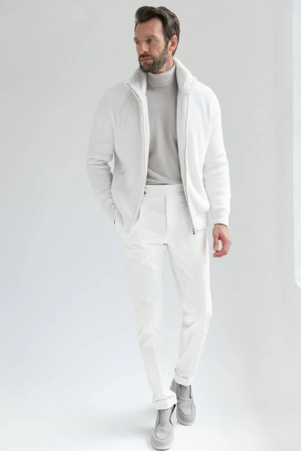 Off-white cashmere knitted bomber with fur - Made in Italy