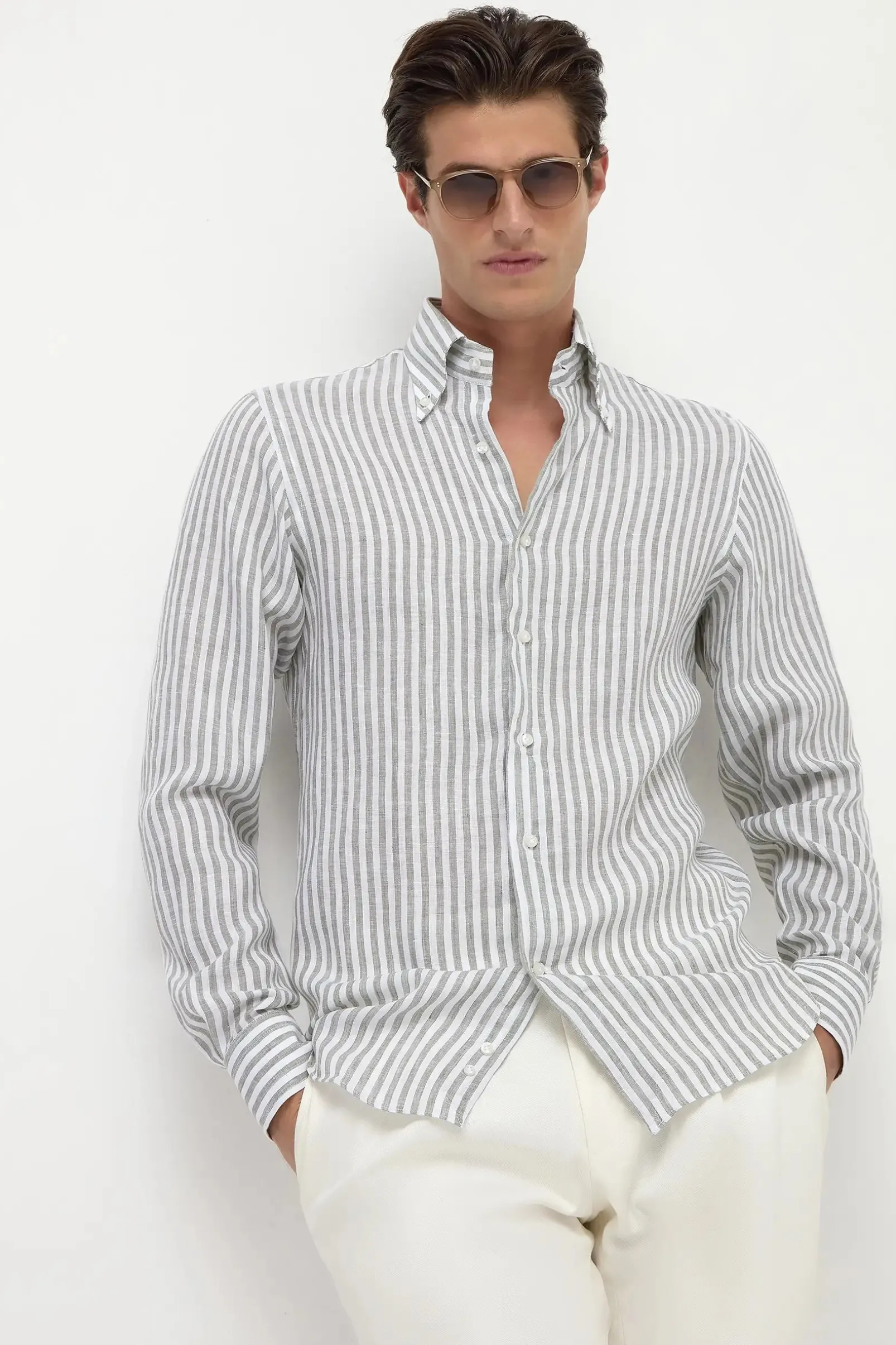 sage_striped_linen_button_1.webp Sage striped linen button down shirt - Made in Italy