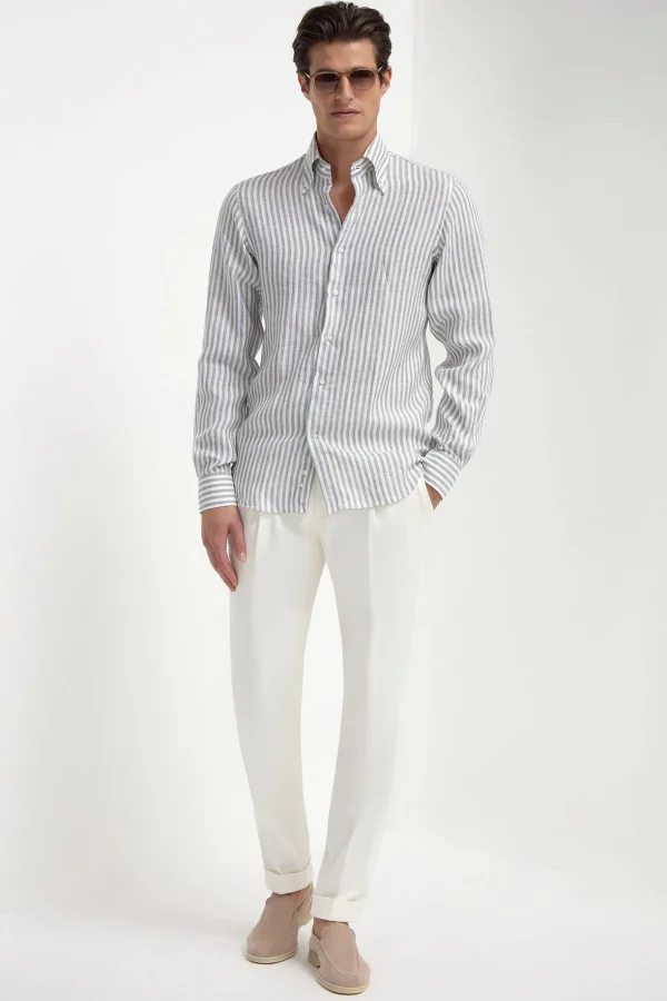 Sage striped linen button down shirt - Made in Italy