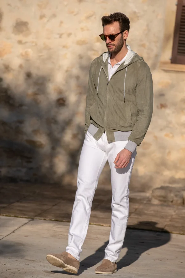 Sage suede hooded bomber jacket – Made in Italy