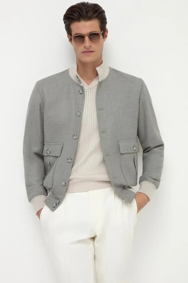Sage wool silk and linen bomber - Made in Italy
