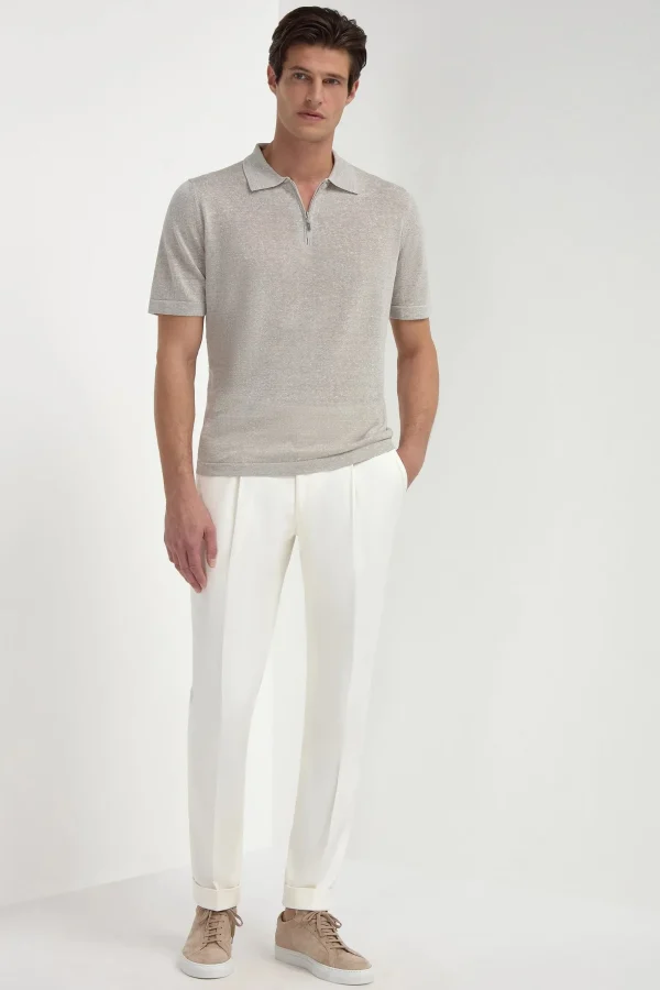Sand linen and cotton zipped polo - Made in Italy
