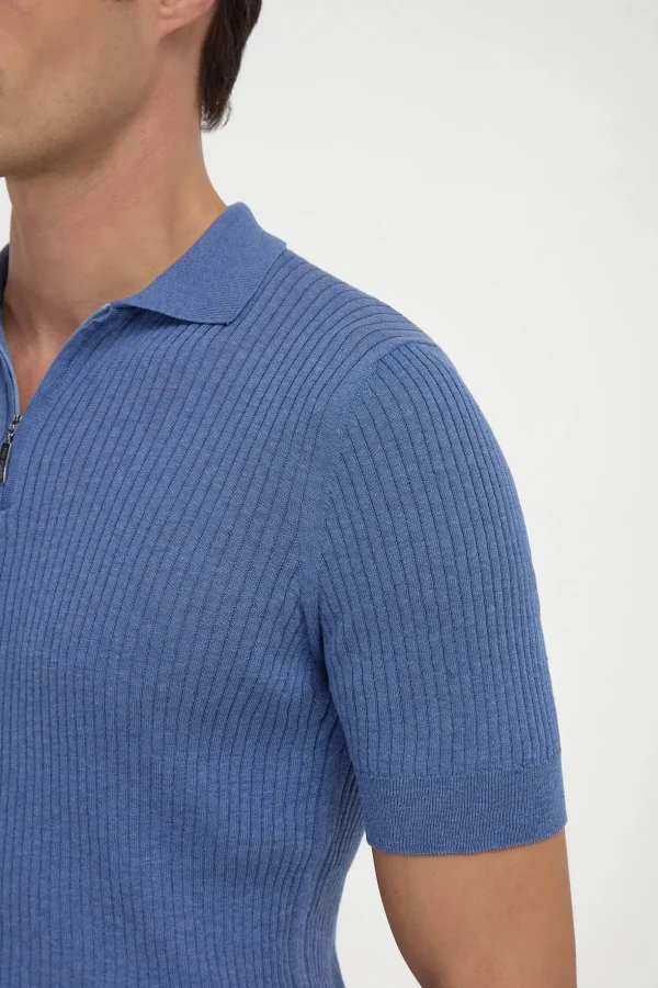Sky blue thin rib zipped polo - Made in Italy