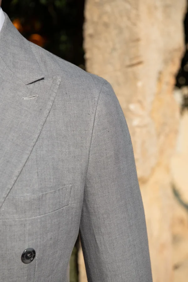 Sky grey herringbone double breasted linen jacket - Made in Italy