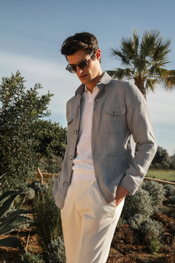 Sky grey herringbone linen Safari Jacket – Made in Italy