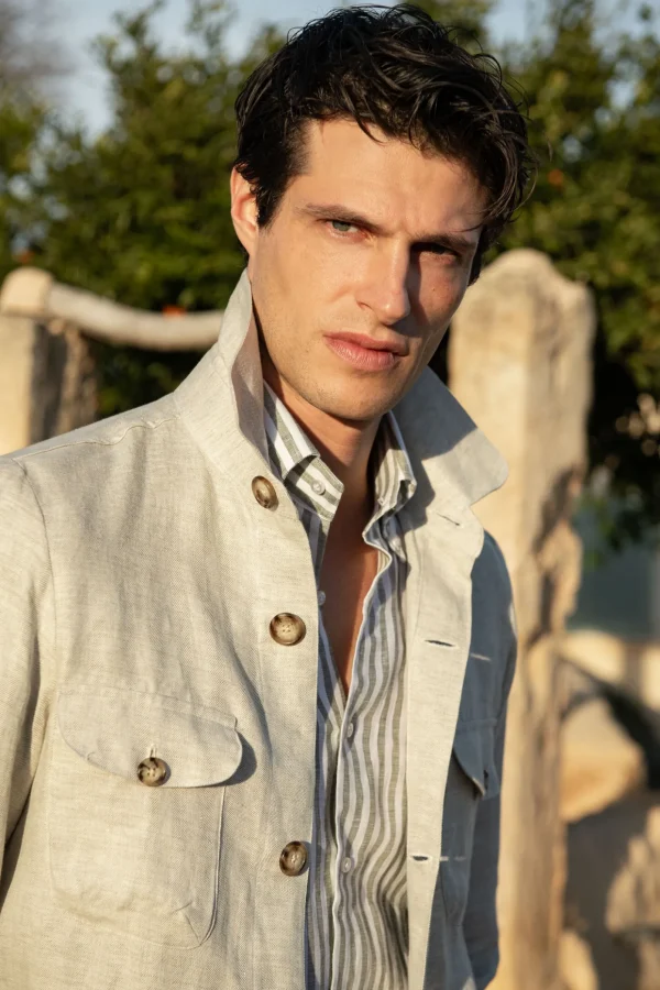 Stone herringbone linen safari jacket – Made in Italy