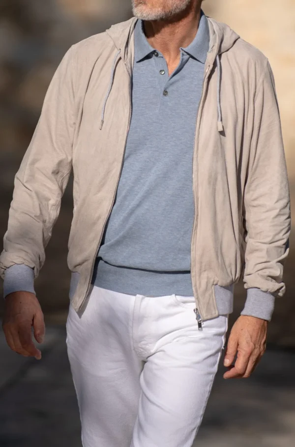 Stone suede hooded bomber jacket – Made in Italy