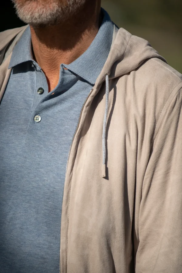Stone suede hooded bomber jacket – Made in Italy