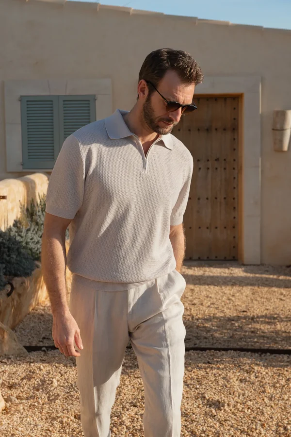 Stone textured knit polo with zip - Made in Italy