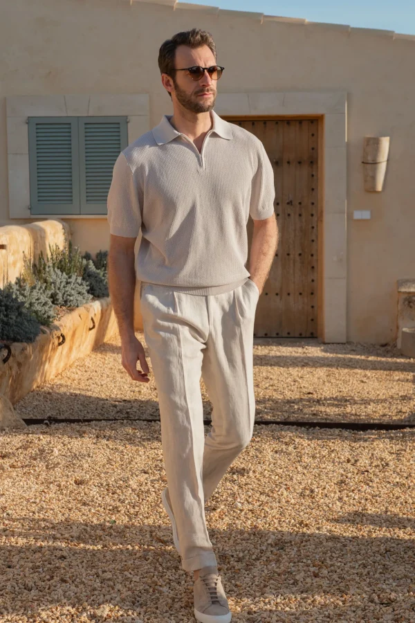 Stone textured knit polo with zip - Made in Italy