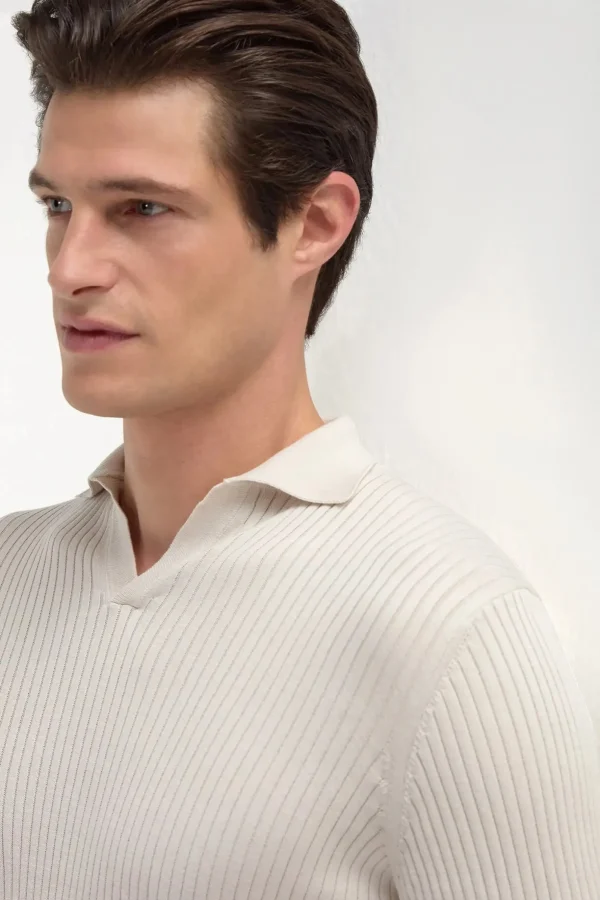 Stone thin rib long sleeve polo - Made in Italy