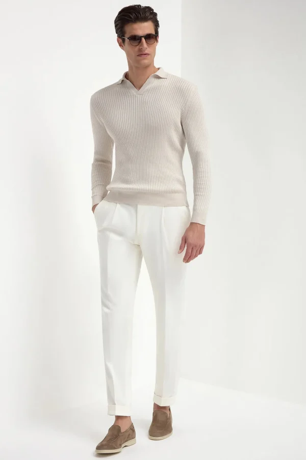 Stone thin rib long sleeve polo - Made in Italy