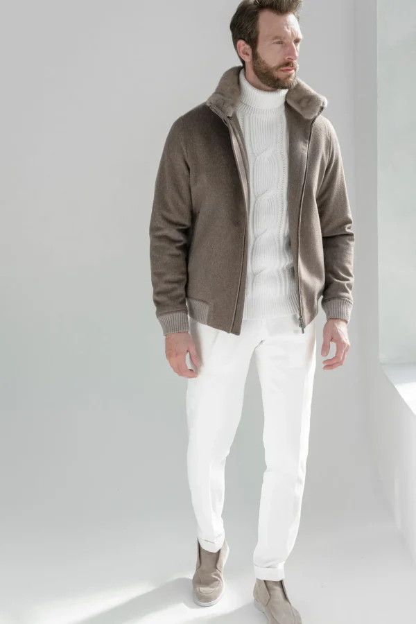 Taupe bomber with removable mink collar – Made in Italy