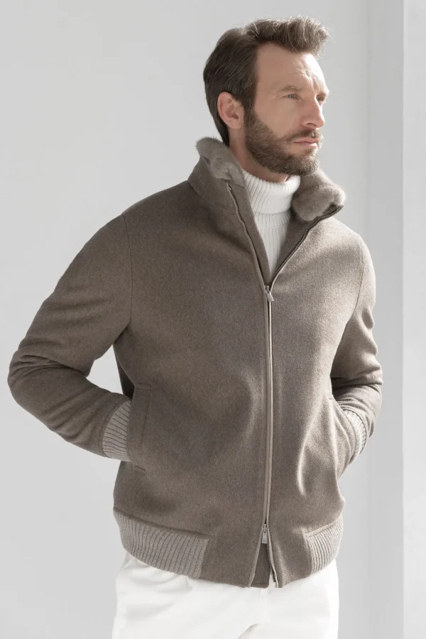 Taupe bomber with removable mink collar – Made in Italy