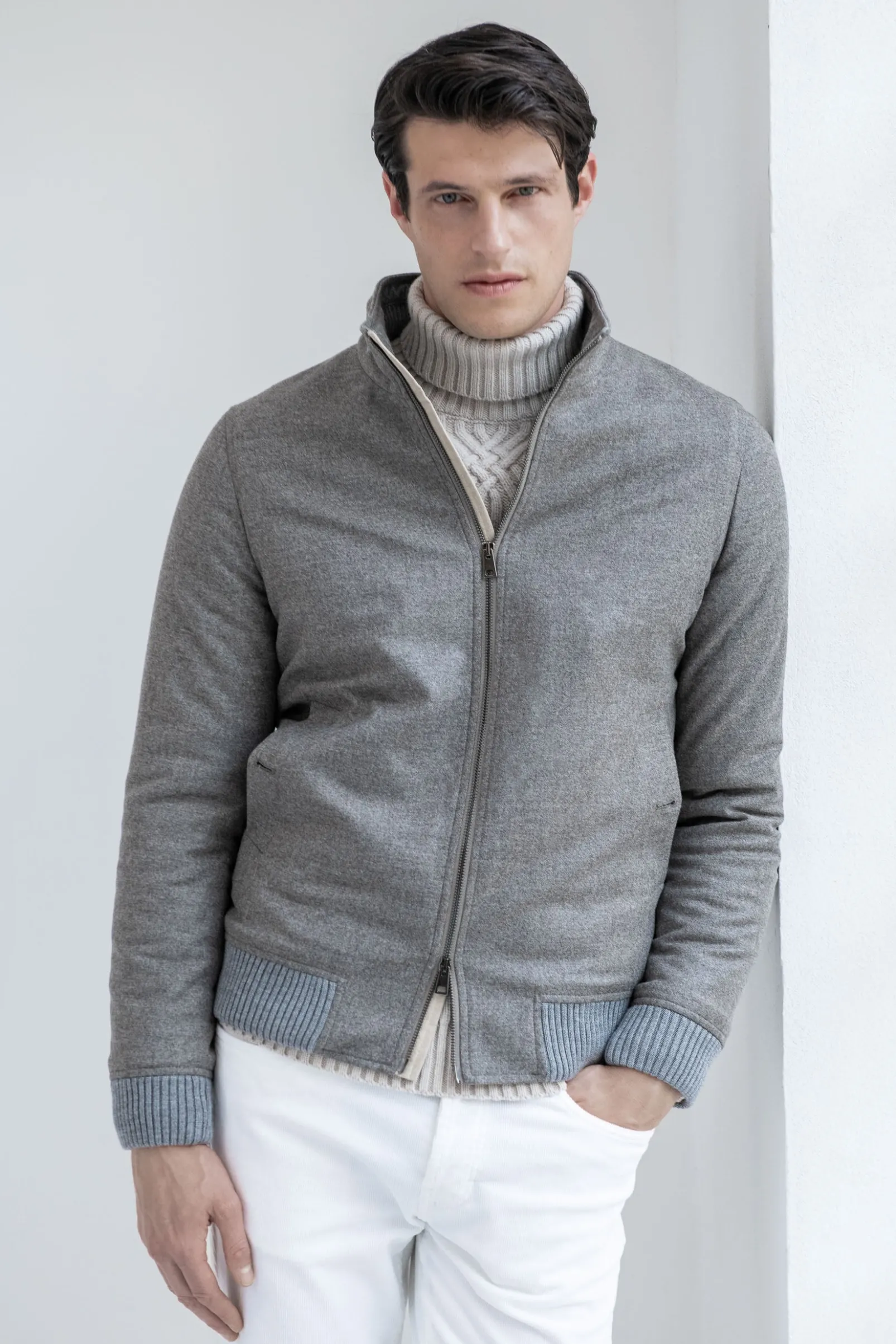 taupe_down_bomber_in_wool_0.webp Taupe down bomber in wool & cashmere – Made in Italy