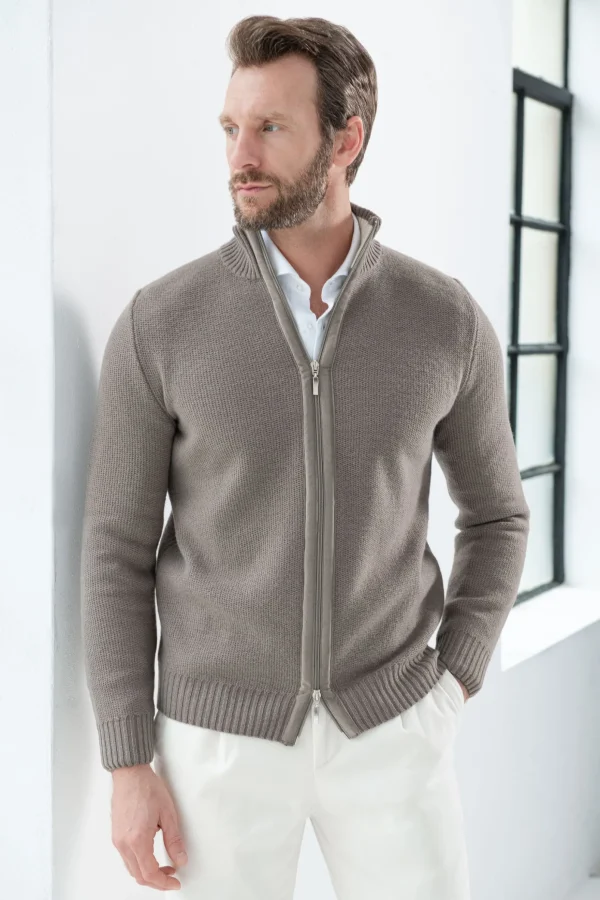 Taupe honeycomb cashmere blend full zip – Made in Italy