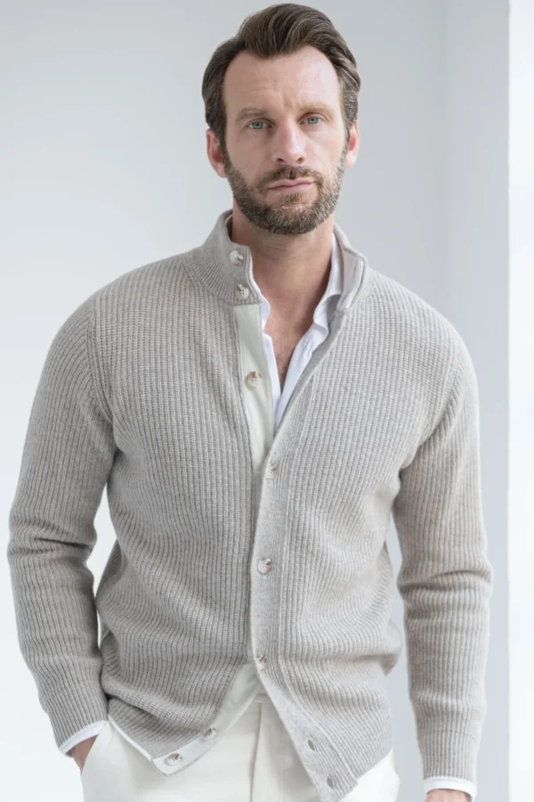 Taupe ribbed cashmere blend cardigan – Made in Italy