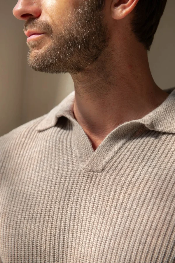 Taupe ribbed cashmere blend polo – Made in Italy