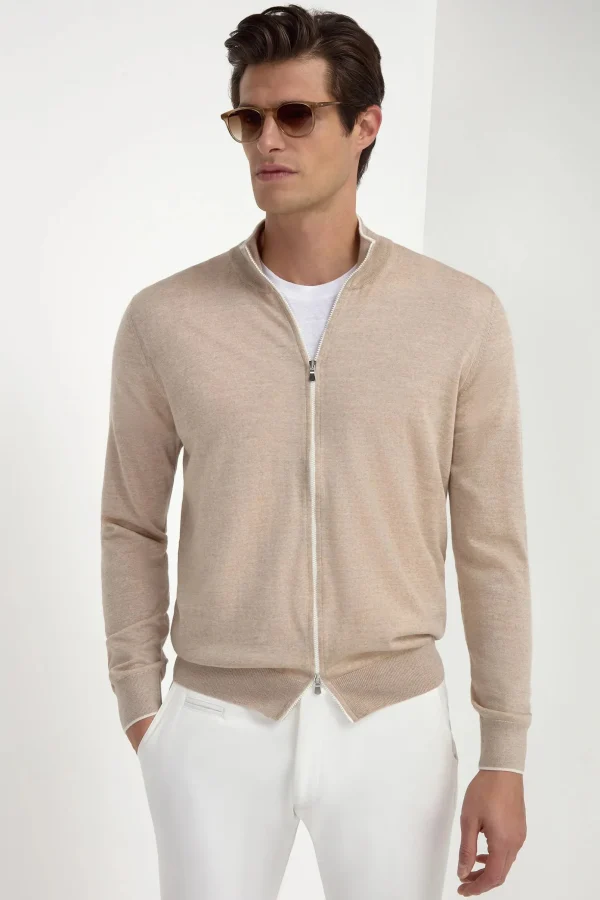 Taupe Tasmanian wool full zip cardigan - Made in Italy
