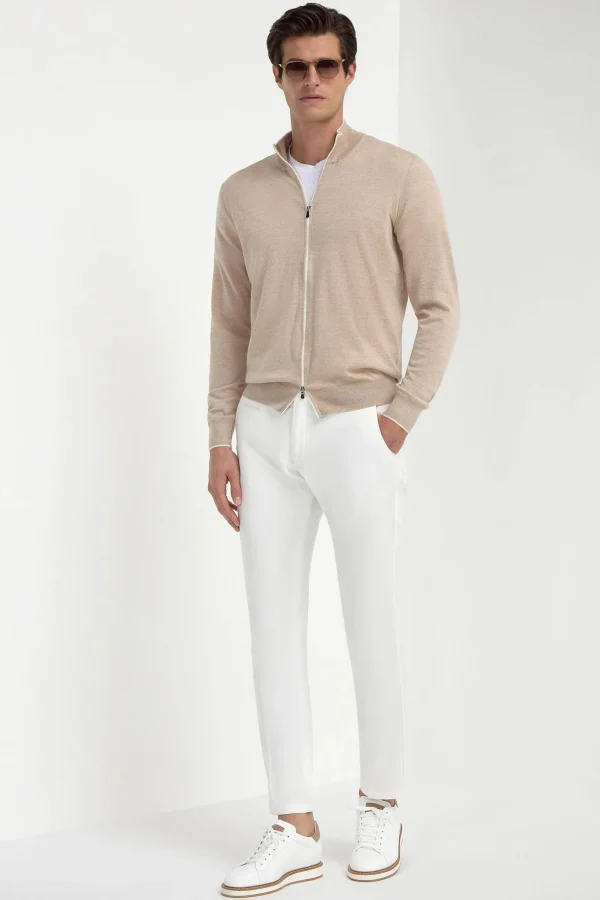Taupe Tasmanian wool full zip cardigan - Made in Italy