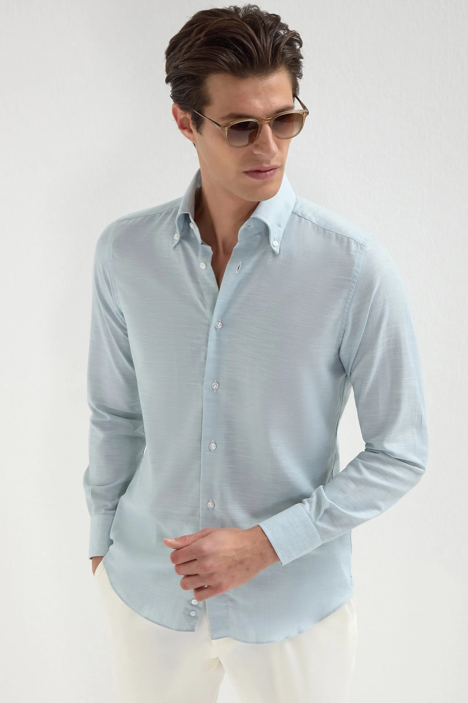 water_green_chambray_butt_0.webp Water green chambray button down shirt - Made in Italy