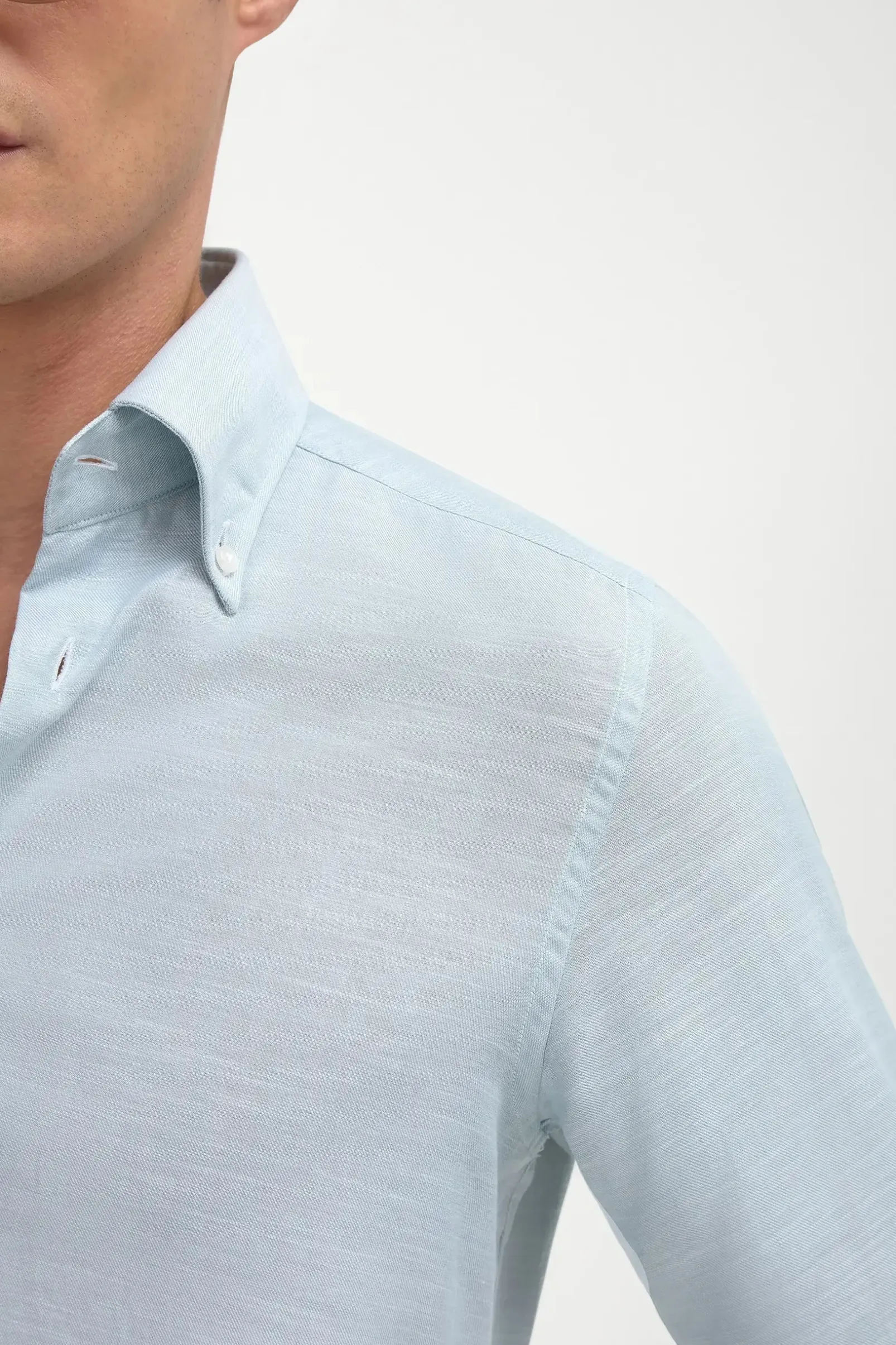 water_green_chambray_butt_1.webp Water green chambray button down shirt - Made in Italy