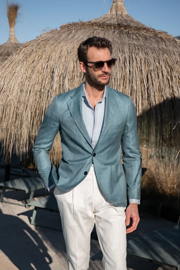 Water green herringbone jacket in wool silk and linen - Made in Italy