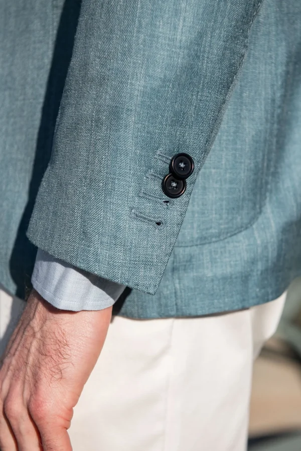 Water green herringbone jacket in wool silk and linen - Made in Italy