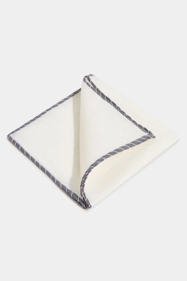 White linen pocket square with grey and beige edges - Made in Italy