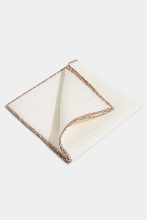 White linen pocket square with taupe and beige edges - Made in Italy