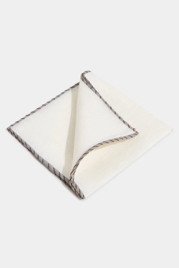 White linen pocket square with grey and cognac edges - Made in Italy