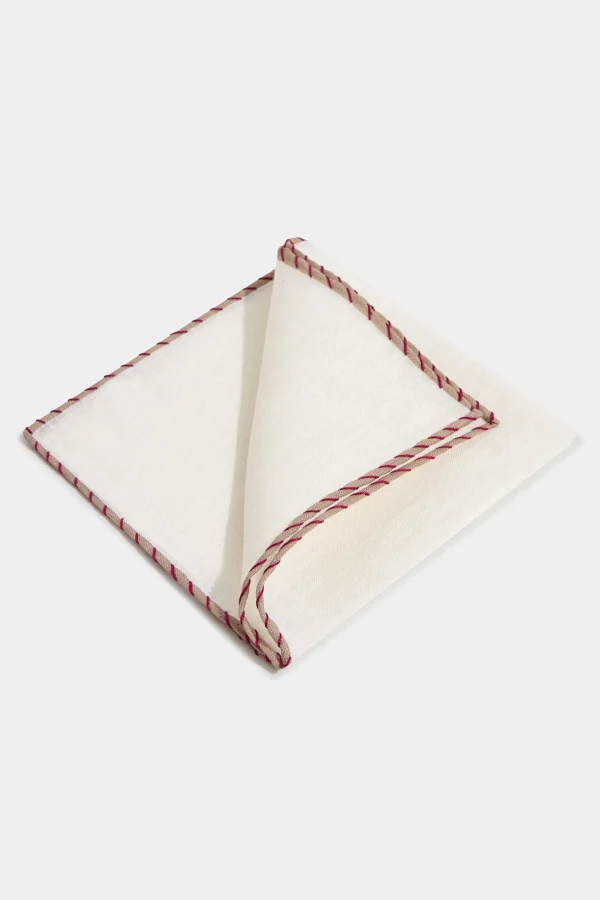 White linen pocket square with beige and red edges - Made in Italy
