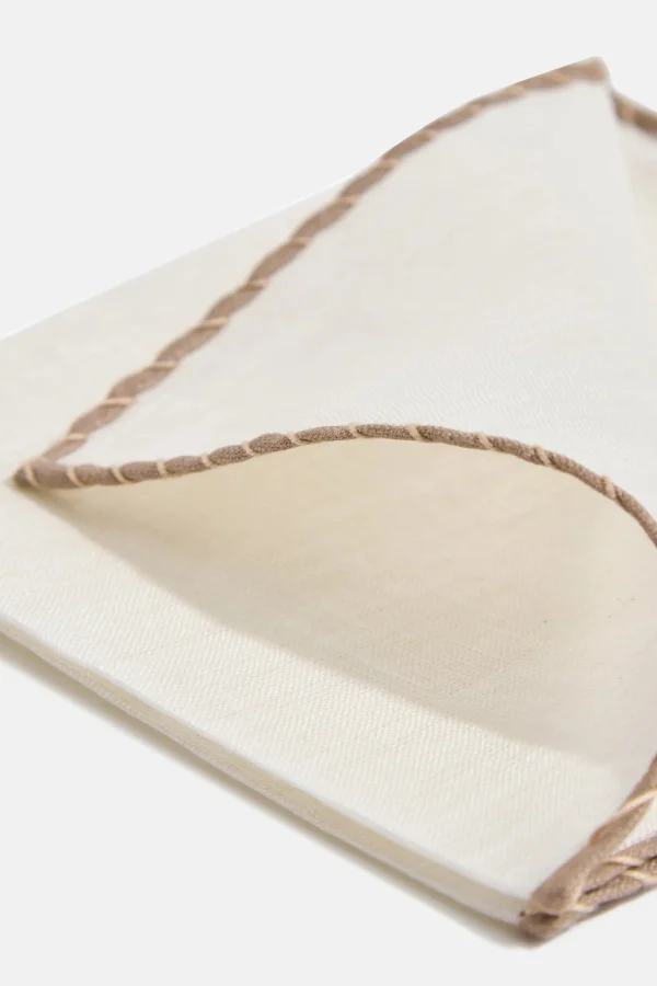 White linen pocket square with taupe and beige edges - Made in Italy
