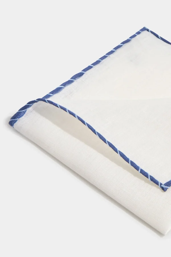 White linen pocket square with blue and light blue edges - Made in Italy