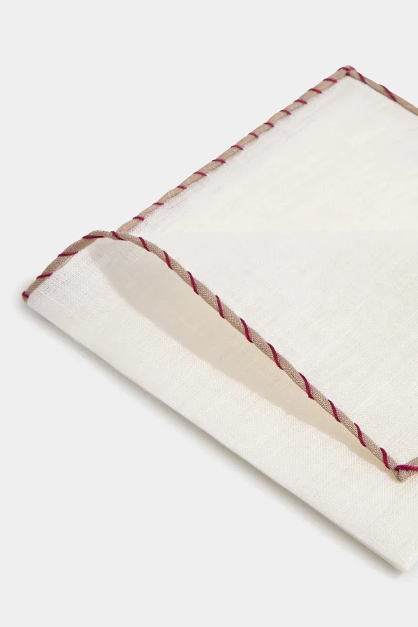 White linen pocket square with beige and red edges - Made in Italy