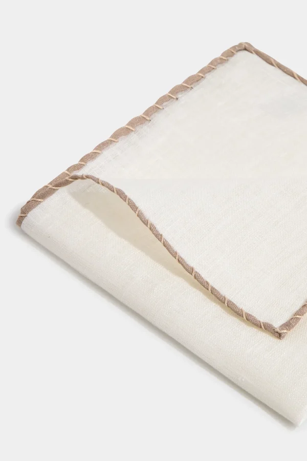 White linen pocket square with taupe and beige edges - Made in Italy