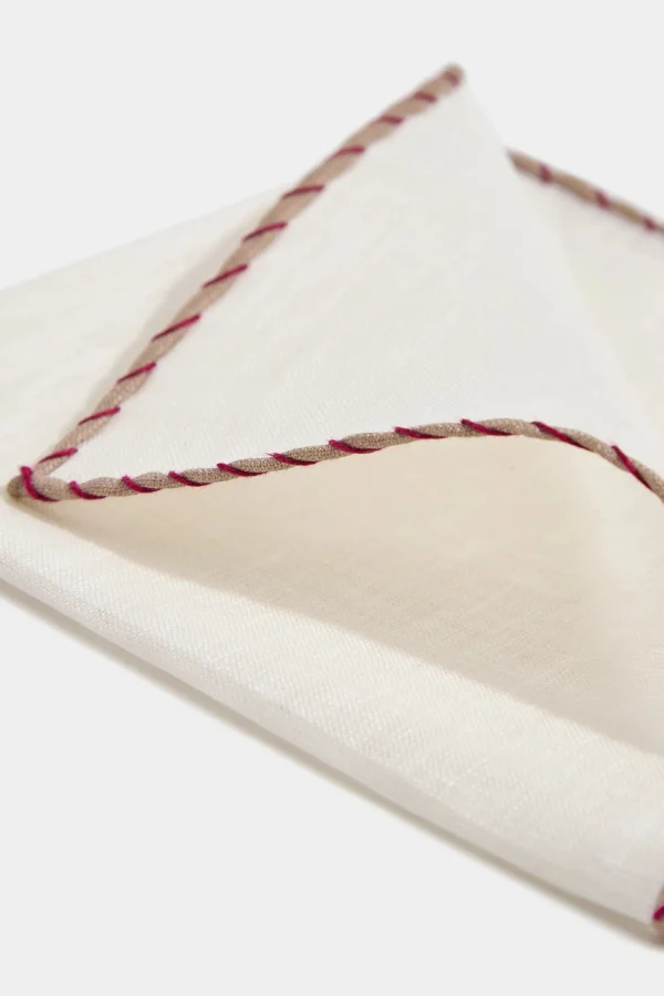 White linen pocket square with beige and red edges - Made in Italy
