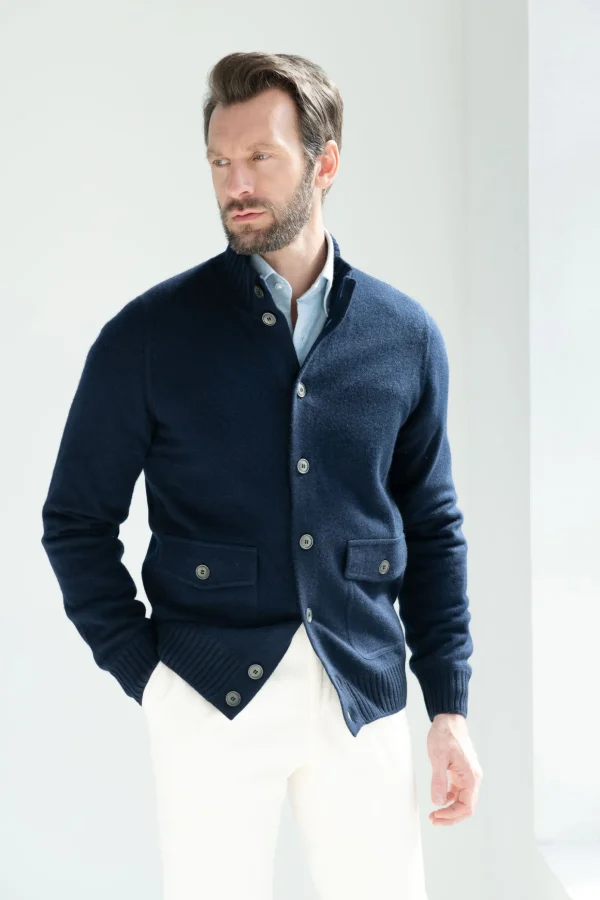 Blue Cashmere Knitted Bomber – Made in Italy